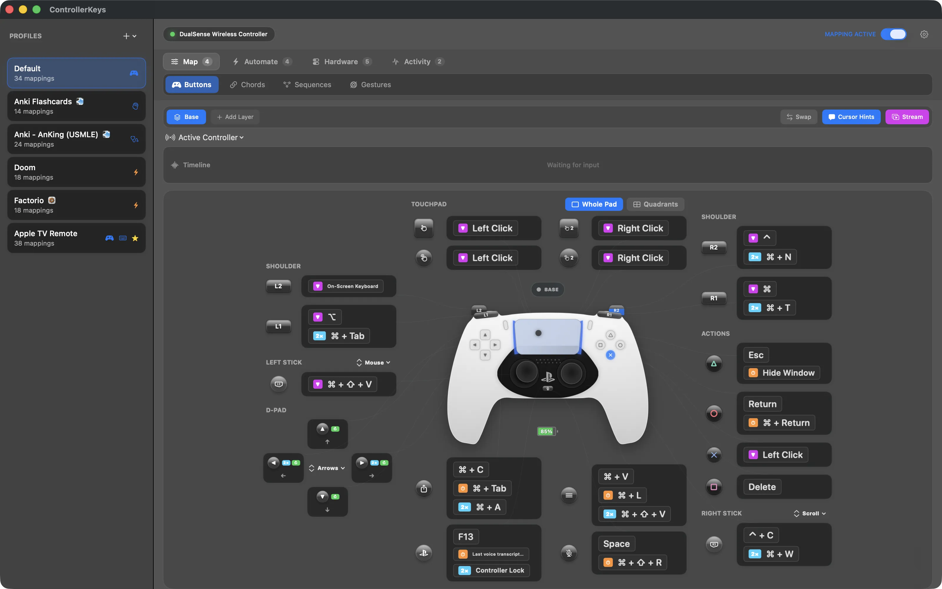 The current ControllerKeys interface mapping a PS5 DualSense controller to keyboard shortcuts, mouse actions, layers, chords, and sequences