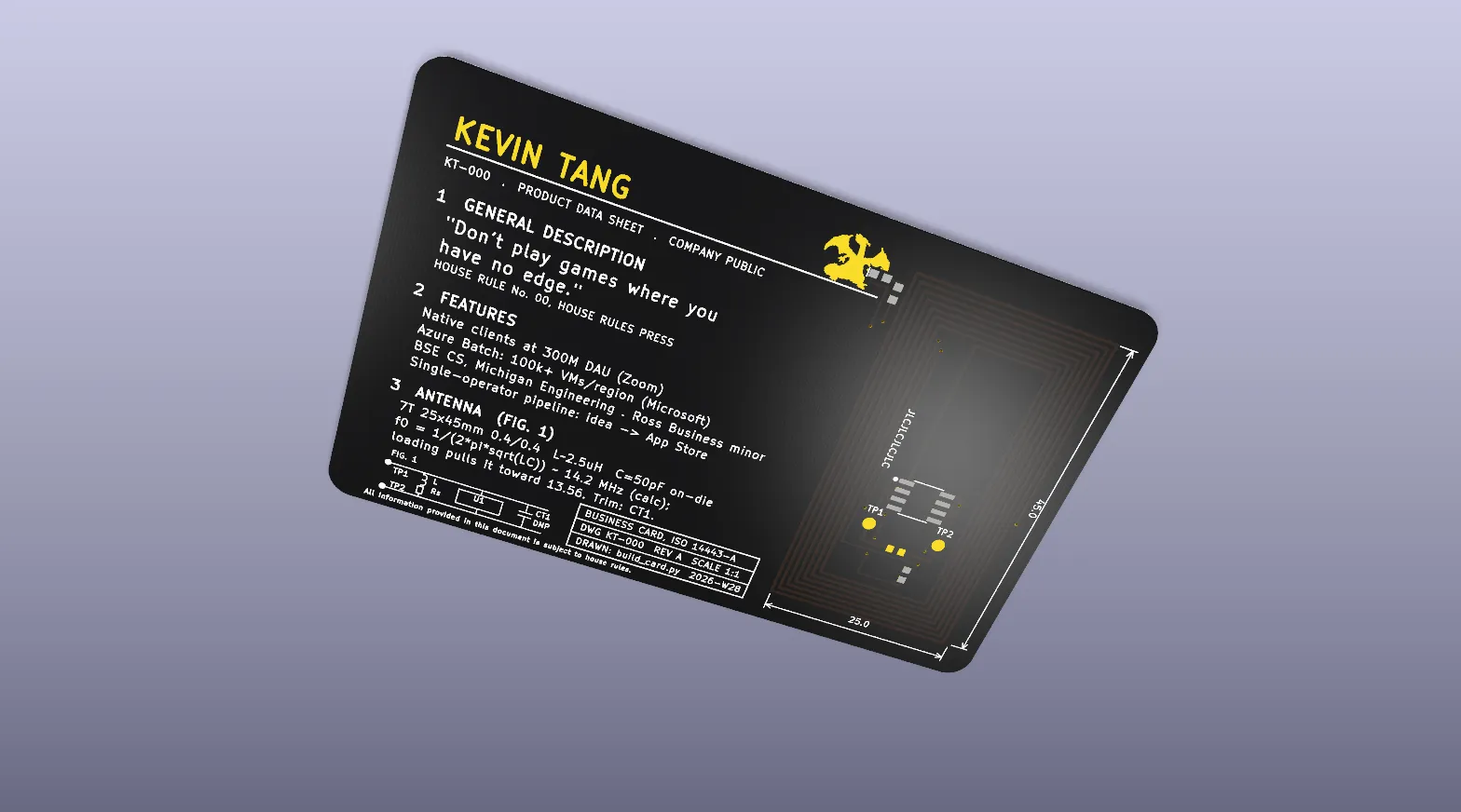 Render of the black back of the card, laid out like a component datasheet: a gold "KEVIN TANG" heading, sections of small print, the antenna's resonance math, a gold Charizard whose tail sits at the start of the coil, the spiral antenna itself, and two labeled test points, TP1 and TP2, with dimension callouts.