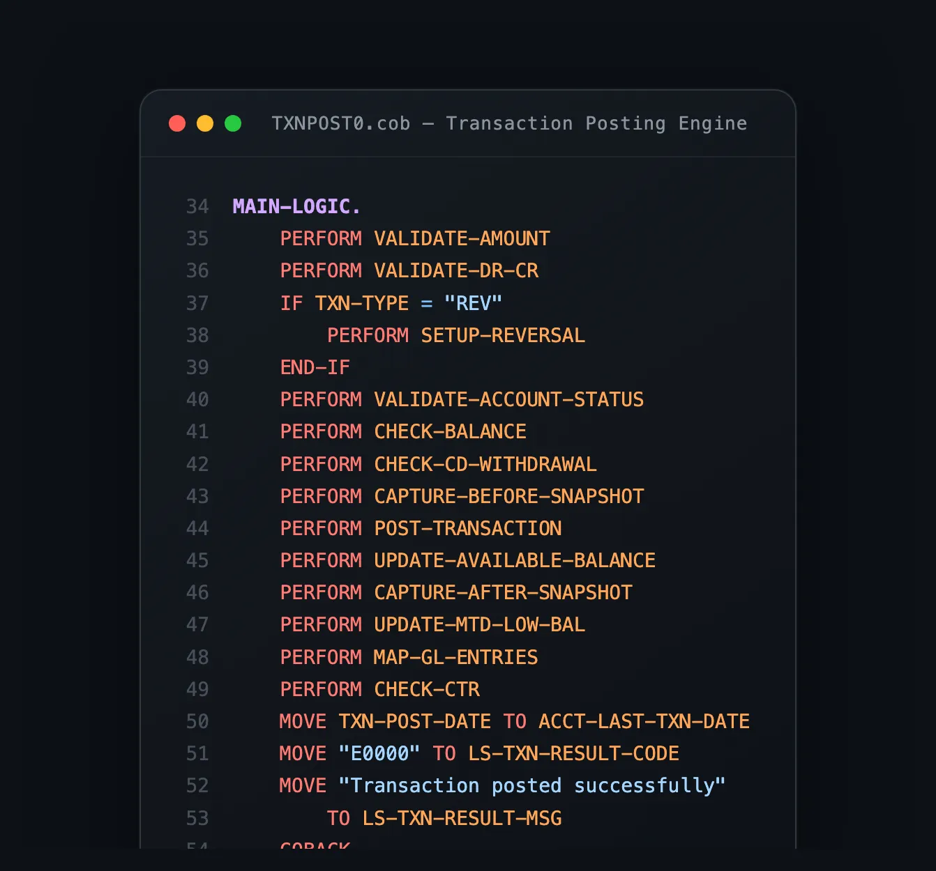 COBOL transaction posting engine