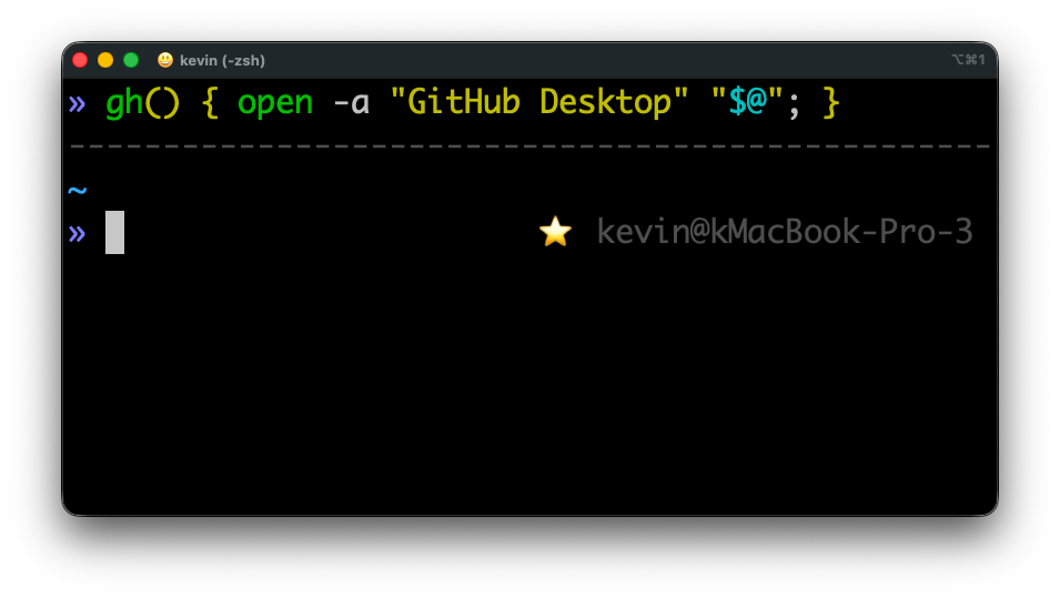 Terminal showing gh() function aliased to open GitHub Desktop