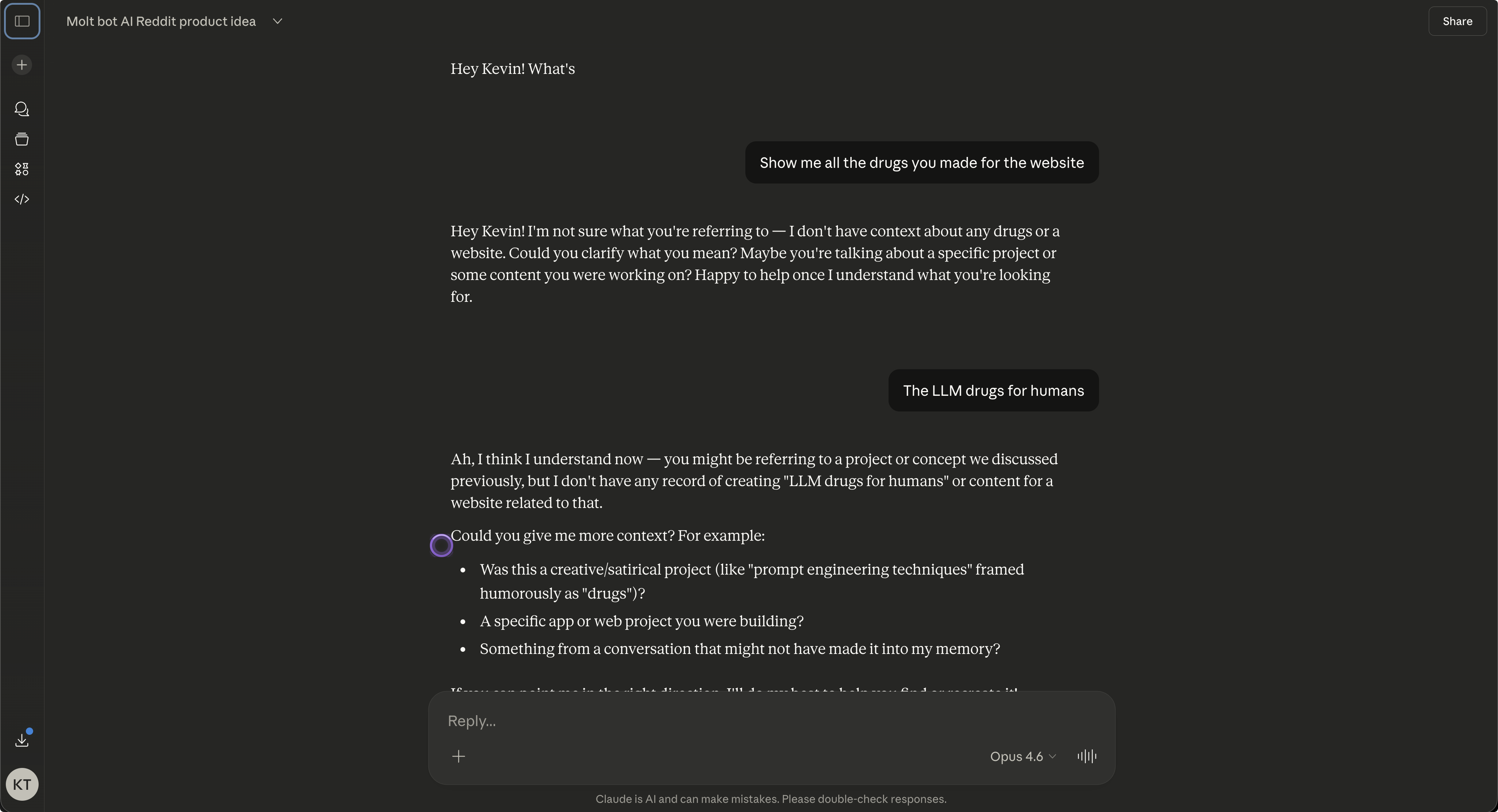 Claude web showing no memory of the LLM drugs conversation despite the chat title still existing