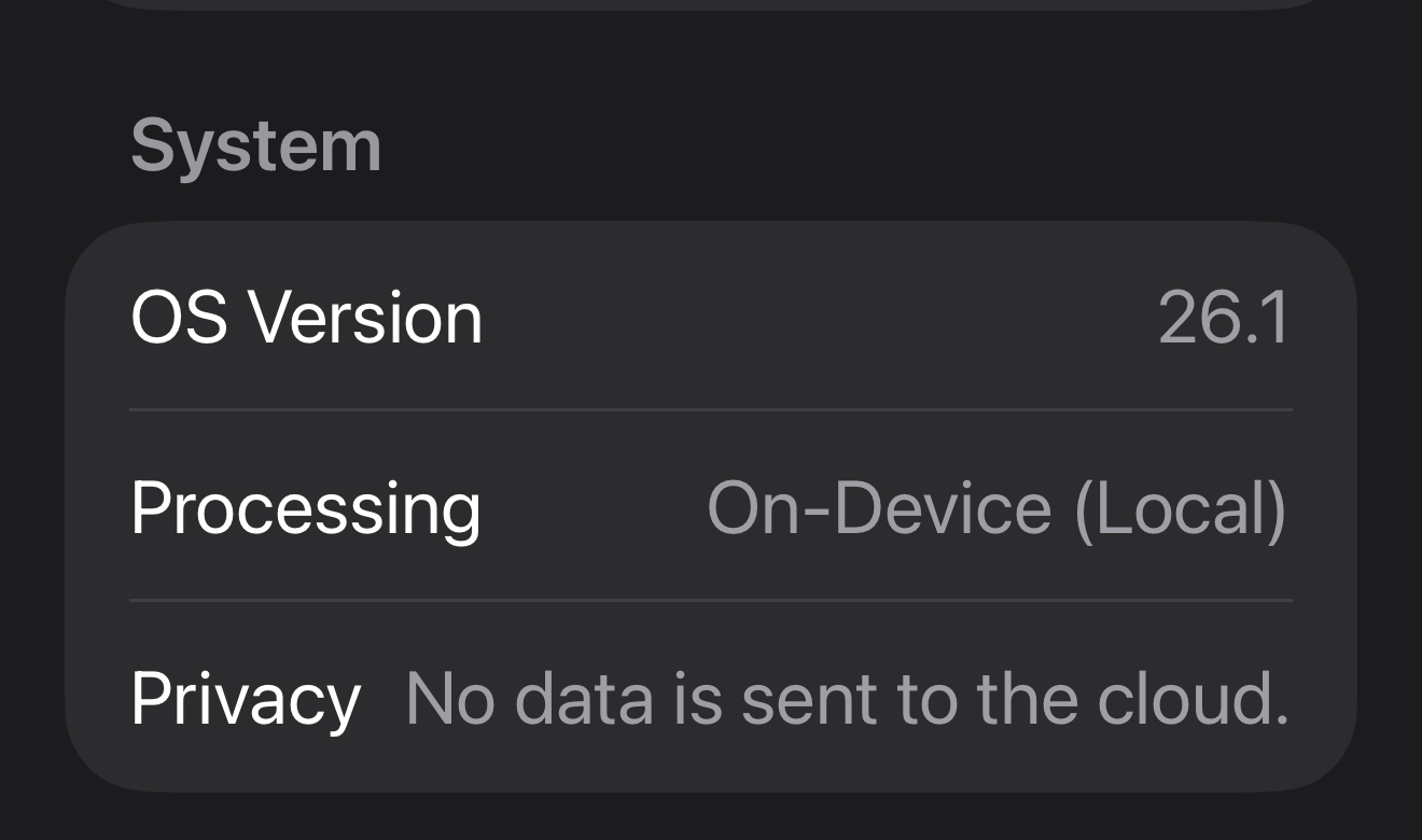 Server Information screen showing on-device processing and no cloud data transfer