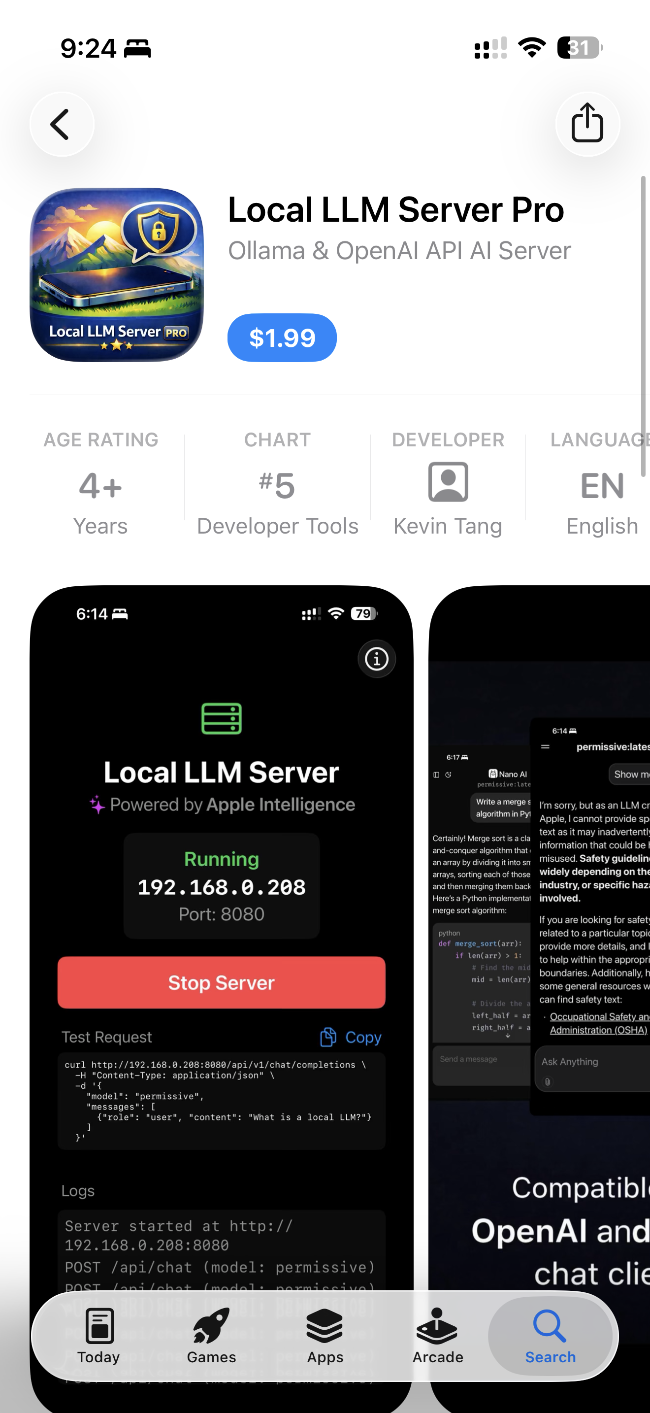 App Store page showing Local LLM Server Pro at #5 in Developer Tools