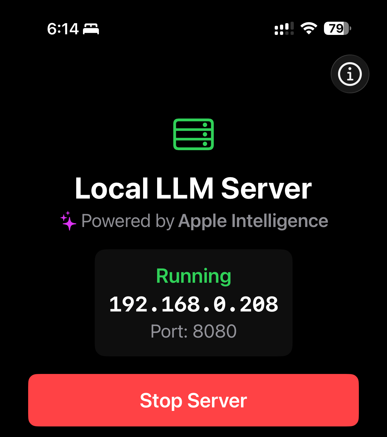 Local LLM Server running on an iPhone with a Powered by Apple Intelligence label and a LAN address
