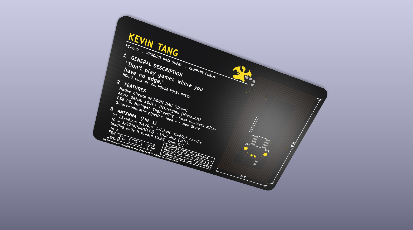 Render of the black back of the card, laid out like a component datasheet: a gold "KEVIN TANG" heading, sections of small print, the antenna's resonance math, a gold Charizard whose tail sits at the start of the coil, the spiral antenna itself, and two labeled test points, TP1 and TP2, with dimension callouts.
