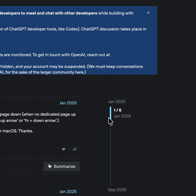 Scroll Elevator working on a long forum thread in the browserâthe jump buttons appear at the cursor mid-scroll and slide the page to the top