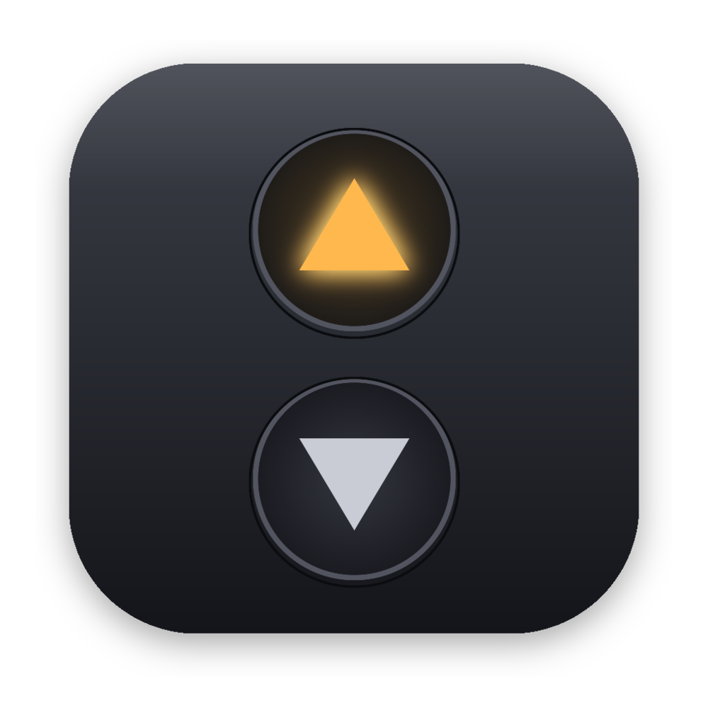 The Scroll Elevator app icon: an amber-lit up-triangle button above a silver down-triangle button, styled like an elevator call panel
