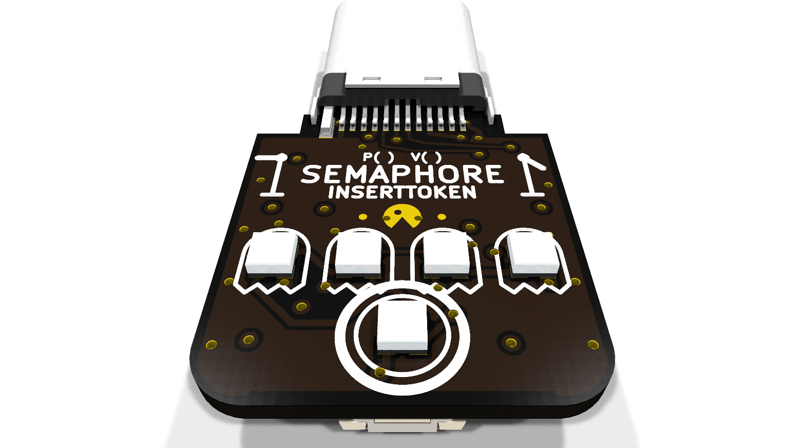 A 3D render of Semaphore rev F, a tiny black USB-C board with five white LEDs, Pac-Man copper art, and railway-signal silkscreen