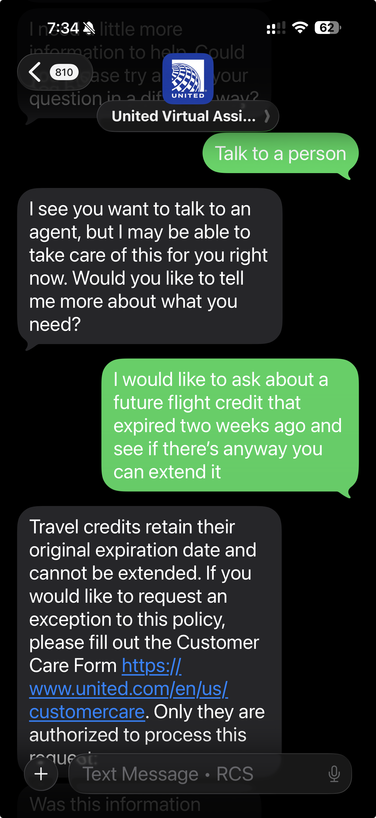 Bot gives canned policy response about travel credits