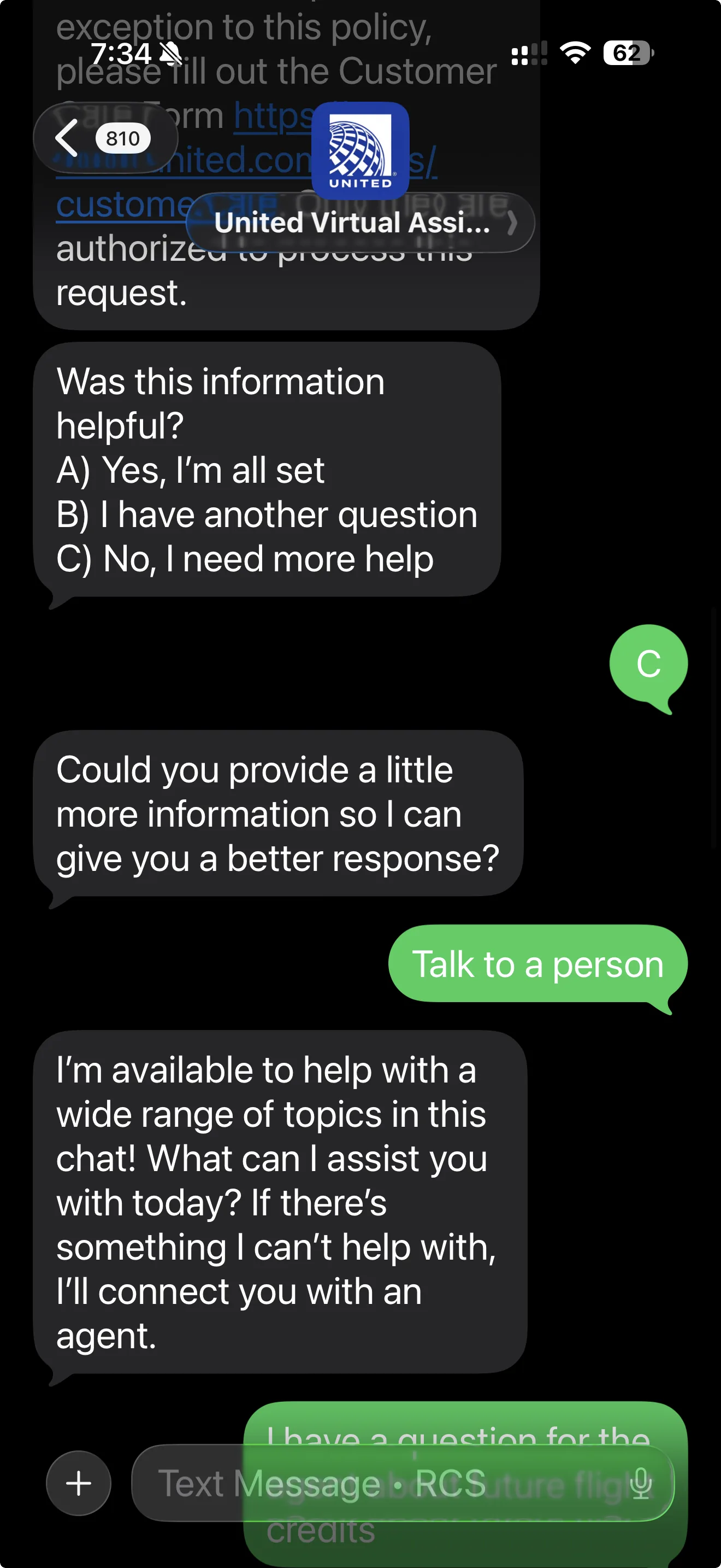 Bot continues deflecting requests to talk to a human