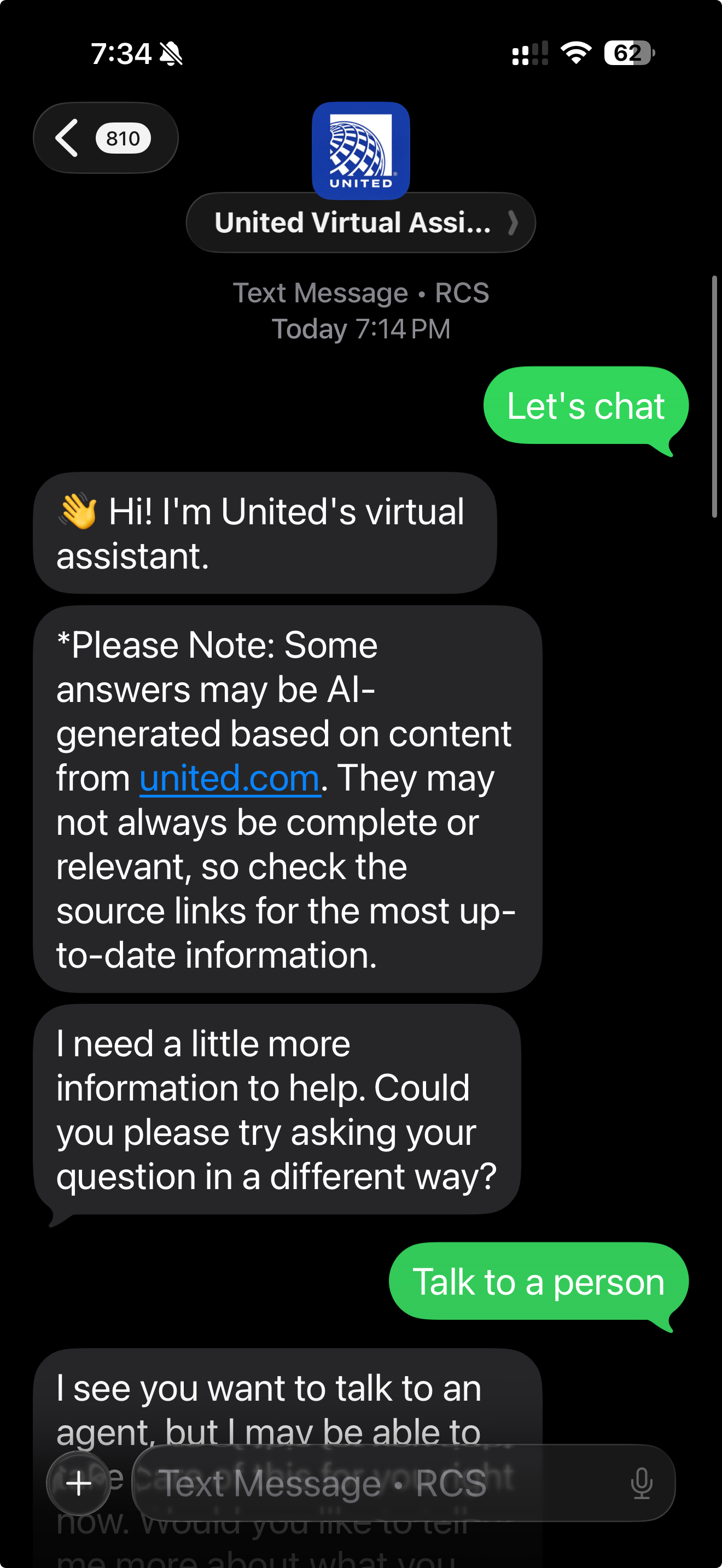 United chat: asking to talk to a person, bot deflects