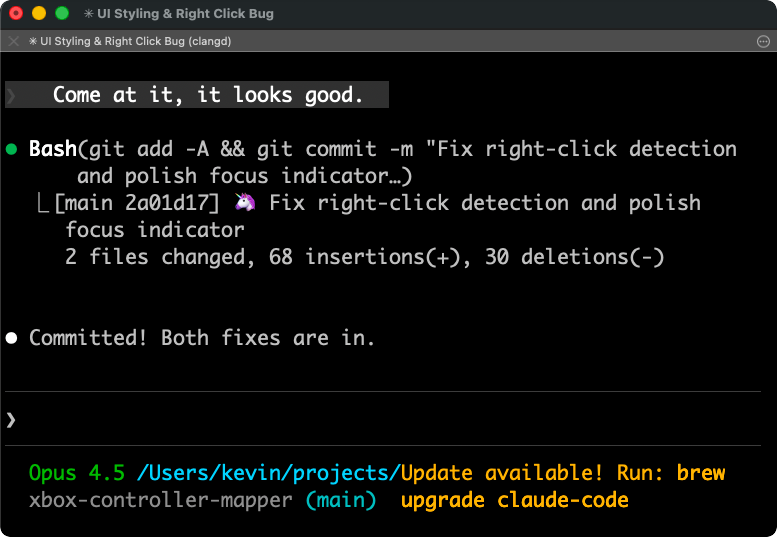Voice transcription showing "Come at it, it looks good" being correctly interpreted as a commit command