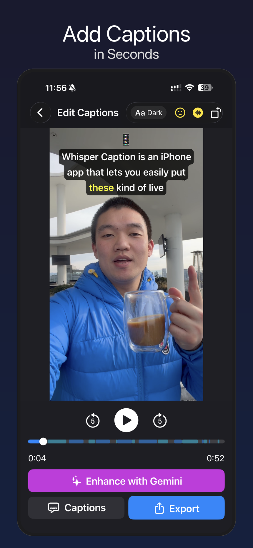 Whisper Caption editing a video with karaoke-style captions on an iPhone