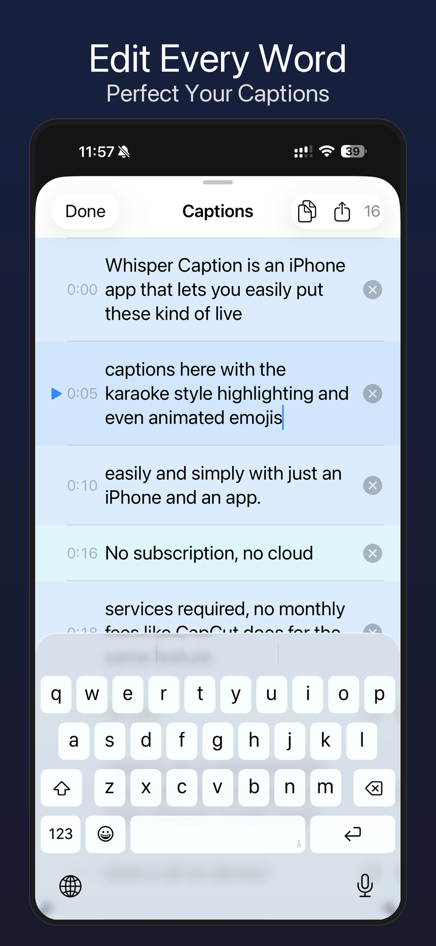 Whisper Caption transcript editor showing editable caption segments and timing