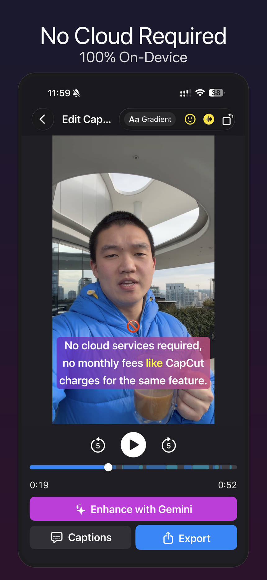 Whisper Caption screenshot showing no cloud required and on-device captioning