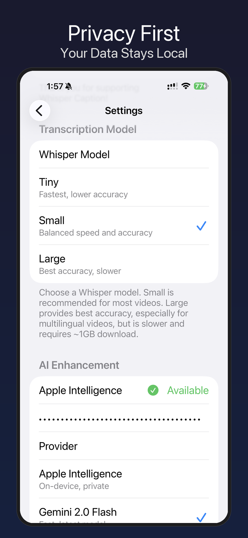 Whisper Caption settings showing local Whisper model choices and local AI enhancement options